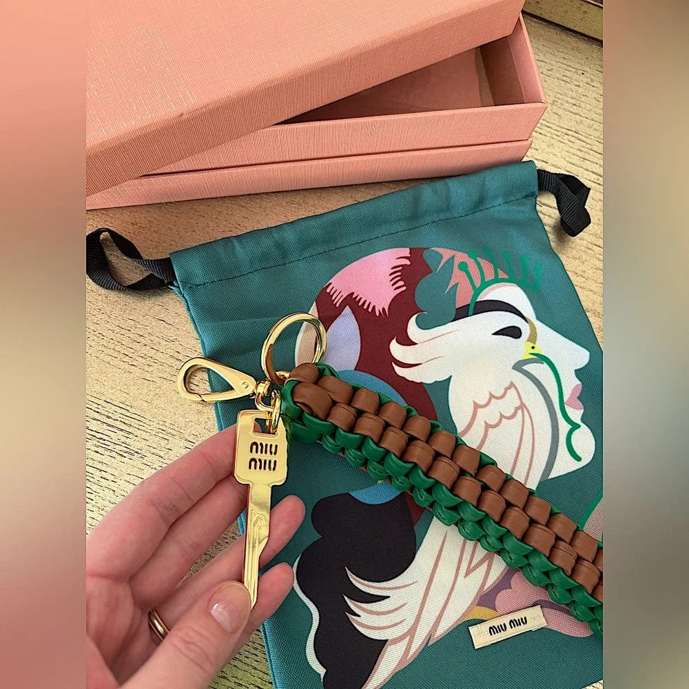 Miu Miu Leather Keychain Trick in Cognac/Mango Braided With Snap-Hook Logo - Picture 7 of 15